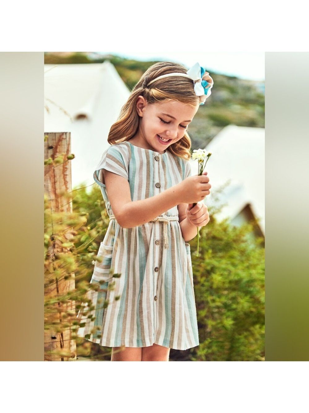 Mayoral Striped Kids Dress in Cream and Blue